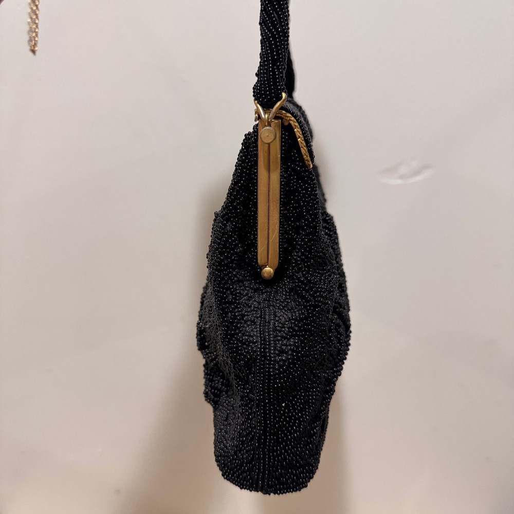 Vintage 1960s Black Hand Beaded Floral Evening Handbag Made in Hong Kong - Picture 5 of 14